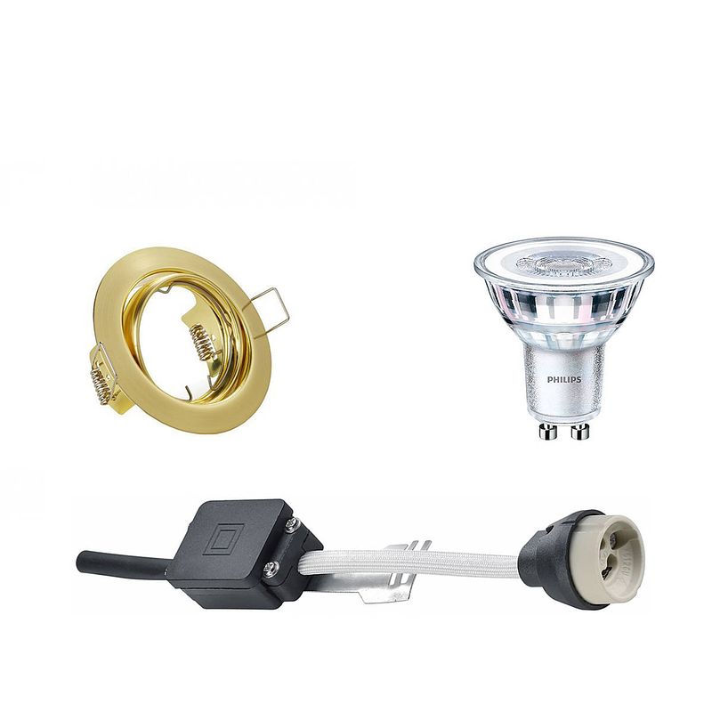 Foto van Led spot set - gu10 fitting - inbouw rond - mat goud - kantelbaar ø83mm - philips - corepro 830 36d - 3.5w - warm wit