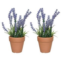 Foto van 2x lavendel kunstplant in terracotta pot - lila paars - d6 x h18 cm - kunstplanten