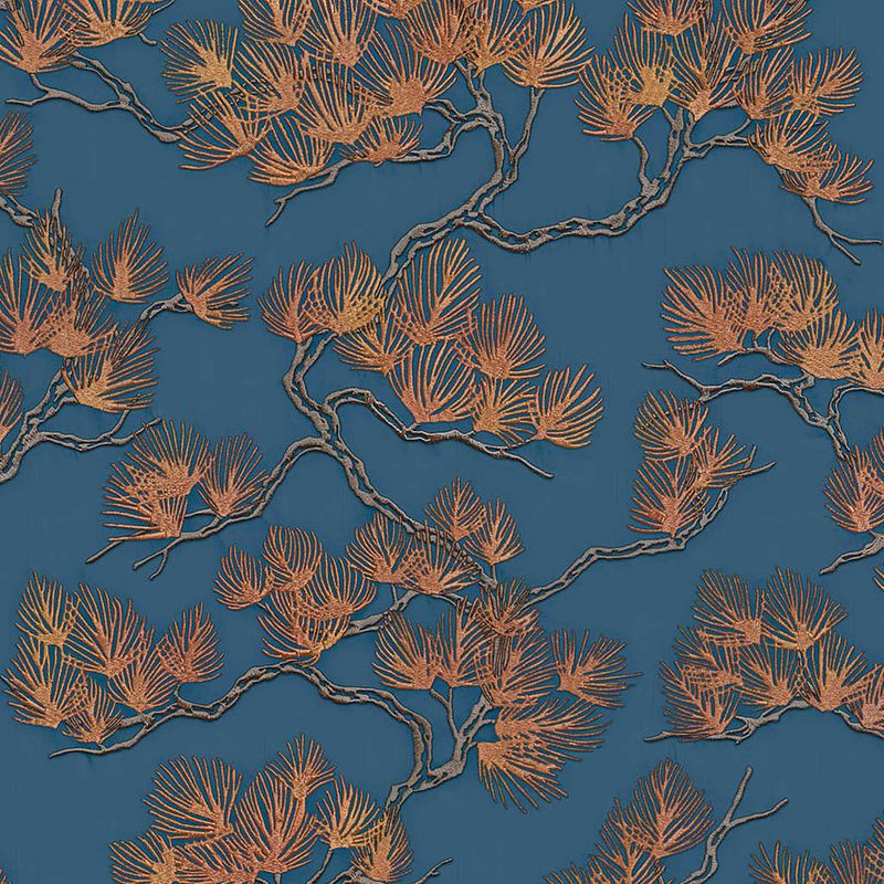 Foto van Dutch wallcoverings behang pine tree goudkleurig en blauw