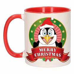 Foto van 1x kerst beker / mok - rood met wit - 300 ml keramiek - pinguin print