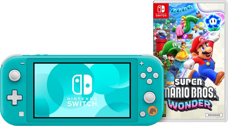 Foto van Nintendo switch lite turquoise + super mario bros. wonder