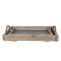 Foto van Haes deco - decoratieve dienbladen set van 2 bruin, grijs 66x37x15 cm / 55x28x12 cm - van hout metaal