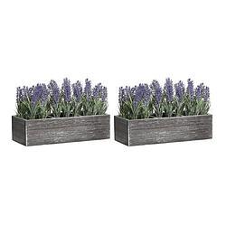 Foto van Items lavendel bloemen kunstplant in bloembak - 2x - paarse bloemen - 34 x 14 x 19 cm - bloemstukje - kunstplanten