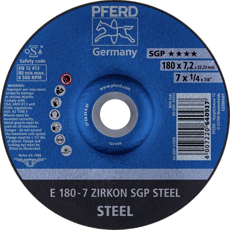 Foto van Pferd 62217737 e 180-7 zirkon sgp steel afbraamschijf gebogen 180 mm 22.23 mm 10 stuk(s)