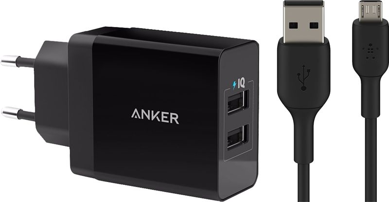 Foto van Anker oplader 2 usb poorten zwart 12w + micro usb kabel 1m kunststof zwart