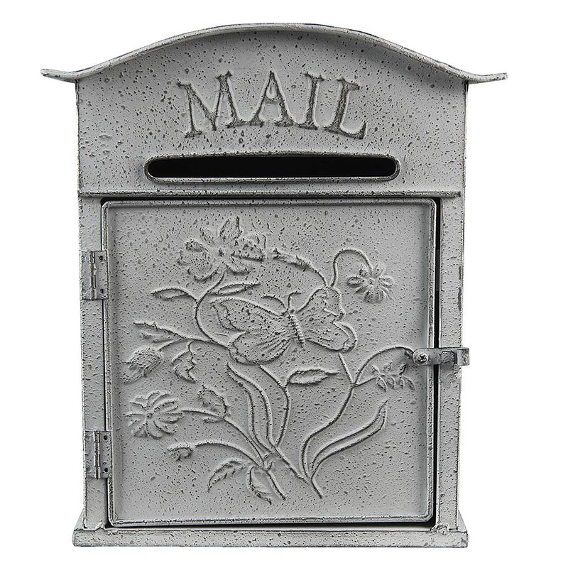 Foto van Haes deco - brievenbus vintage grijs metaal met bloemen en vlinder en tekst ""mail"", formaat 26x10x31 cm