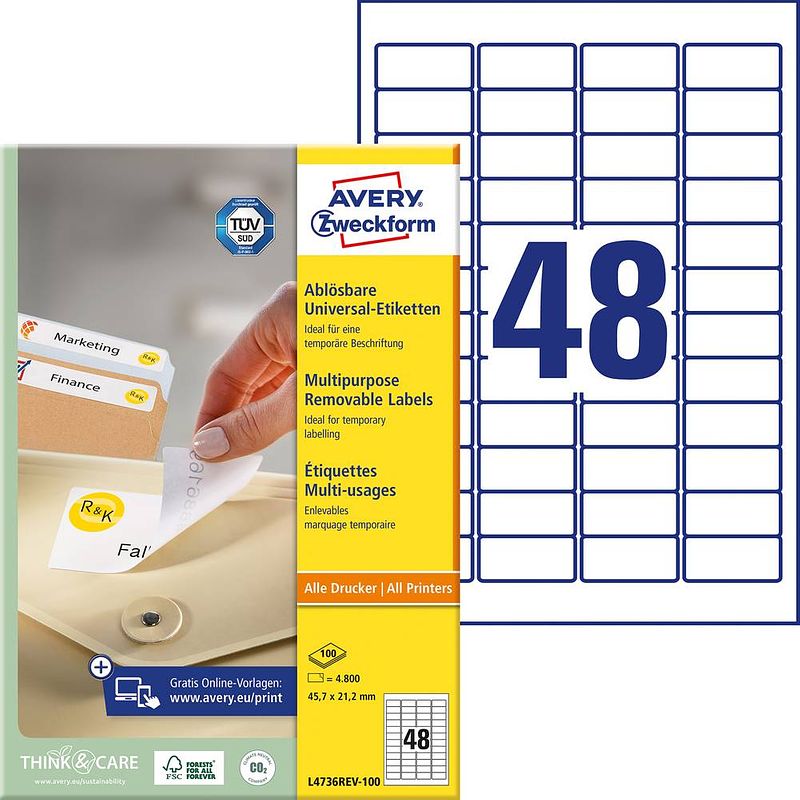 Foto van Avery-zweckform l4736rev-100 etiketten 45.7 x 21.2 mm papier wit 4800 stuk(s) weer verwijderbaar universele etiketten inkt, laser, kopie 100 vel din a4