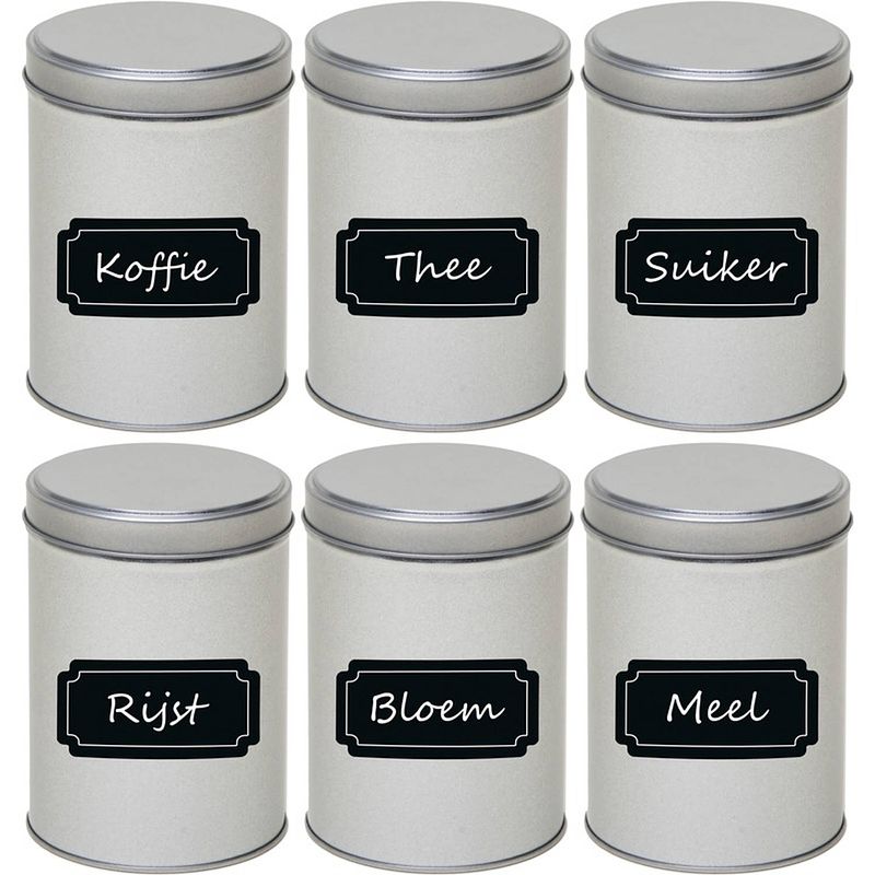 Foto van 6x zilveren hoog/rond bewaarblik/opbergblik 13 cm met krijtbord labels - voorraadblikken