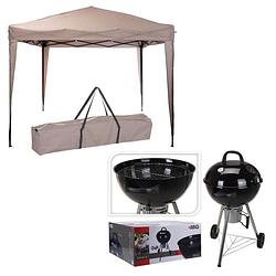 Foto van Pro garden easy-up partytent - 3x3m - opvouwbaar - taupe + vargan barbecue/ bbq met opvangbak - houtskoolbarbecue -