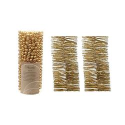 Foto van Kerstversiering set van 2x stuks folieslingers en 1x stuks kralenslingers goud glitter - kerstslingers