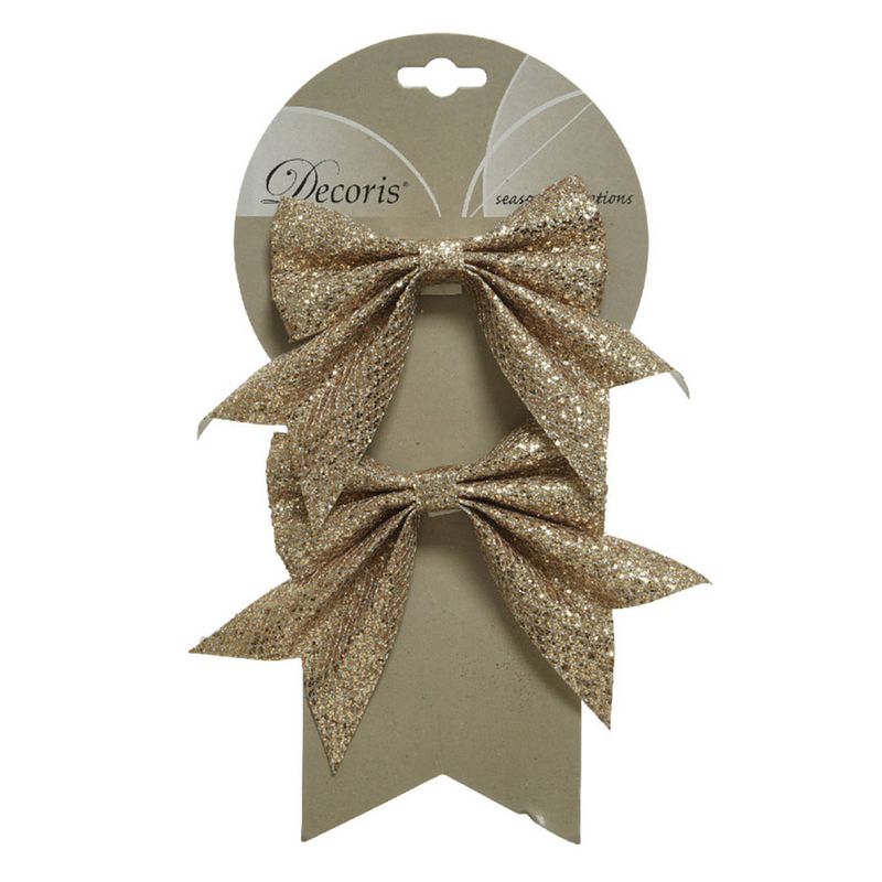 Foto van 2x stuks decoratie strikjes/strikken champagne glitter op clip 18,5 x 14 cm - kersthangers