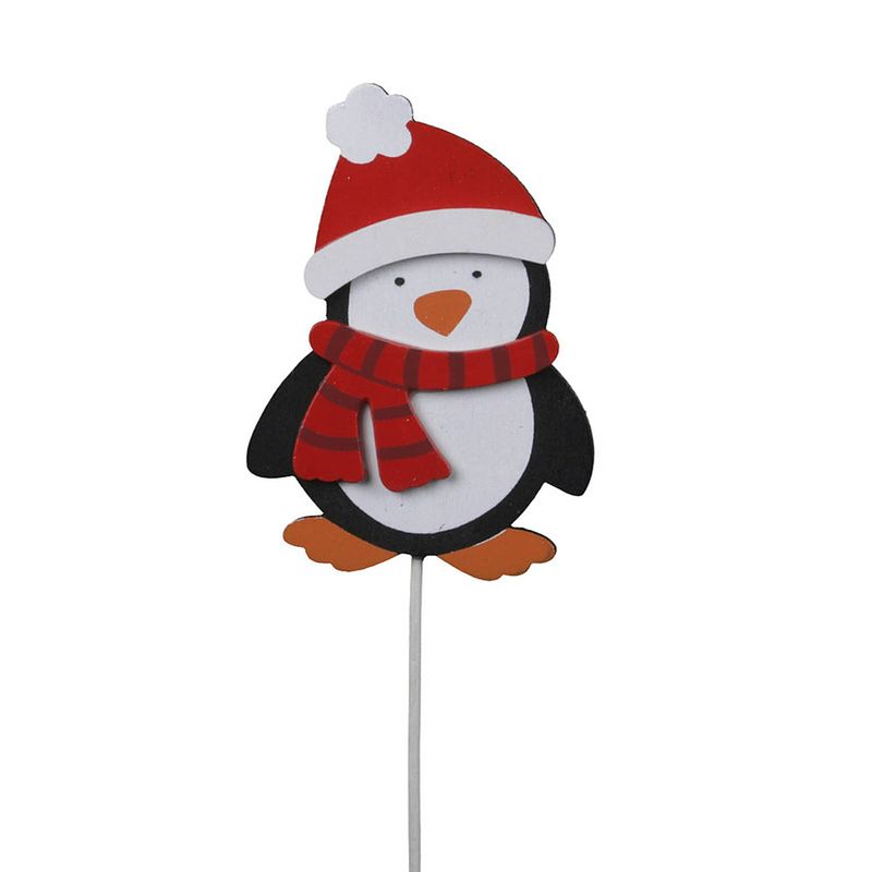 Foto van Set van 10 houten instekers met pinguin 8 cm - kerststukjes