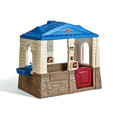 Foto van Step2 neat and tidy cottage speelhuis voor kinderen in blauw & bruin speelhuisje van plastic / kunststof voor tuin /