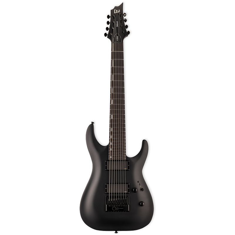 Foto van Esp ltd deluxe h-1008 baritone evertune black satin 8-snarige elektrische gitaar