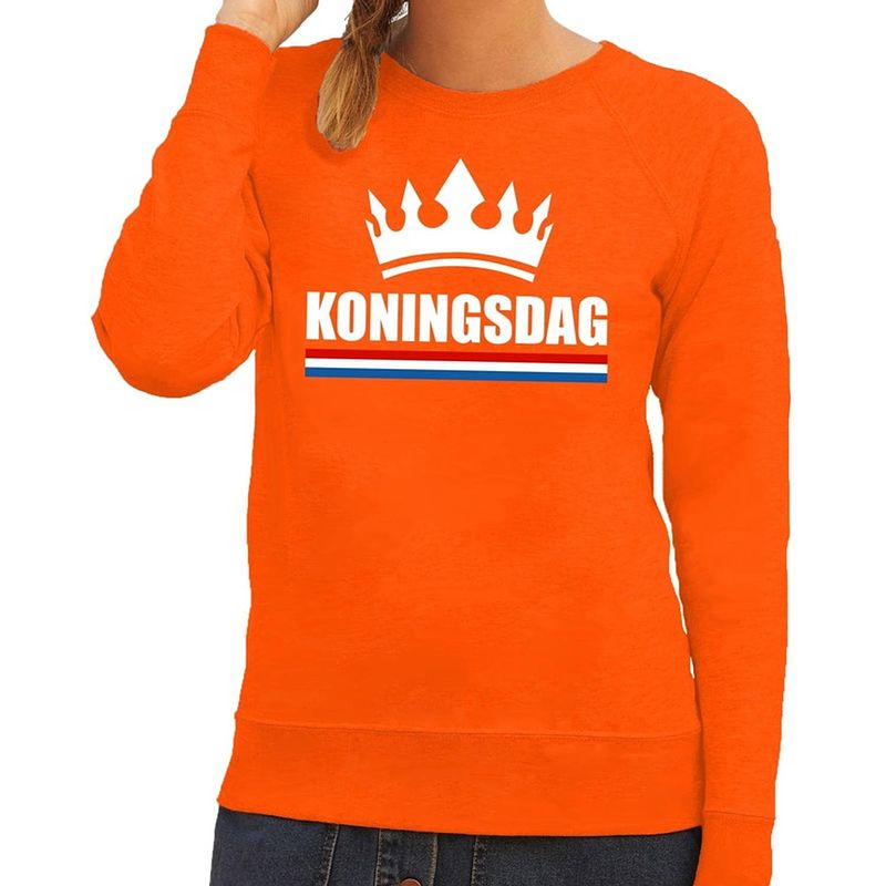 Foto van Oranje koningsdag met een kroon sweater / trui dames - oranje koningsdag kleding m