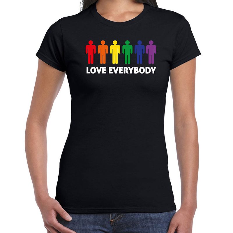 Foto van Bellatio decorations gay pride shirt - love everybody - regenboog - dames - zwart l - feestshirts