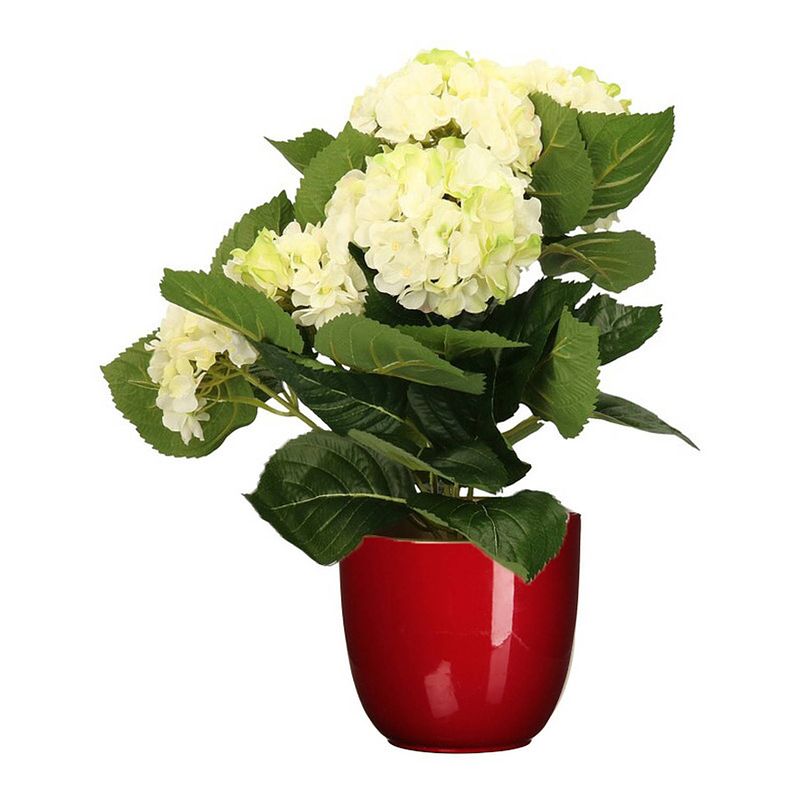 Foto van Hortensia kunstplant/kunstbloemen 36 cm - wit/groen - in pot rood glans - kunstplanten