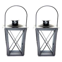 Foto van Set van 2x stuks zilveren tuin lantaarn/windlicht van ijzer 15 x 15 x 20 cm - lantaarns