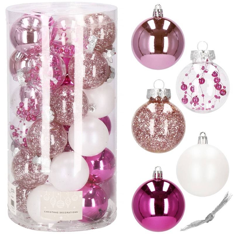 Foto van Kerstballen 30 stuks 6 cm transparant/roze/wit