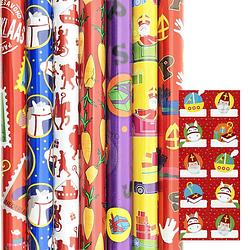 Foto van Benza sinterklaas cadeaupapier inpakpapier - 2.5 meter x 70 cm - 5 rollen inclucief labels