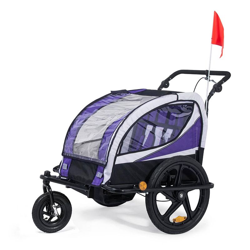 Foto van Samax 360° draaibare fietskar 2 in1- jogger - paars - zwart frame- jogger voor 1-2 kinderen-fietsaanhanger