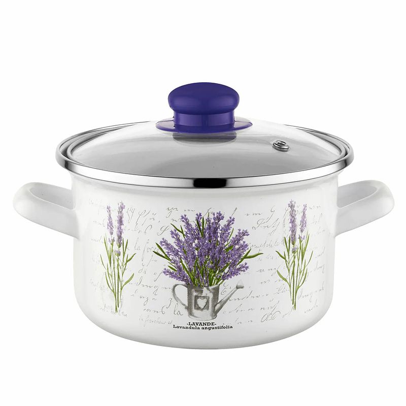 Foto van Emalia bukiet lavendel decoratie geëmailleerde kookpan 16 cm 2.1 liter wit / paars