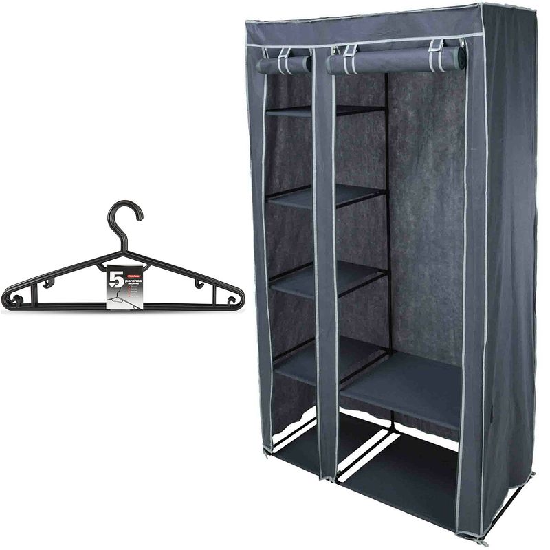 Foto van Mobiele kledingkast/garderobekast incl 10x hangers - opvouwbaar - grijs - 174 cm - campingkledingkasten