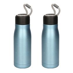 Foto van 2x stuks rvs thermosflessen / isoleerflessen voor onderweg 420 ml blauw - thermosflessen