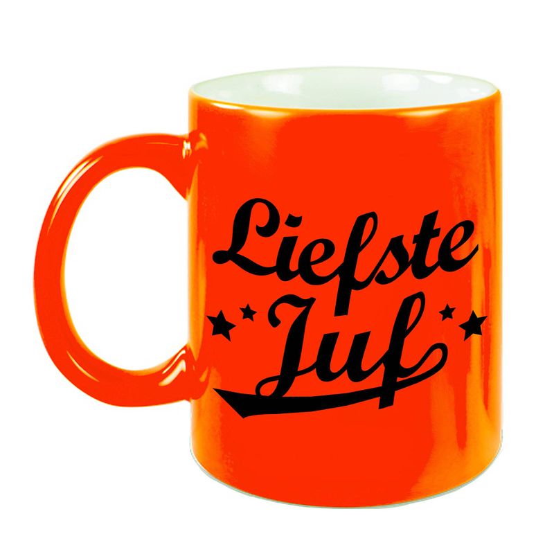 Foto van Liefste juf cadeau mok / beker neon oranje 330 ml - feest mokken