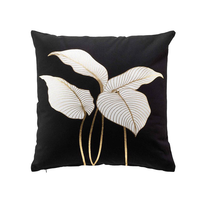 Foto van Casa di elturo kussen leaves - zwart - goud - 45 x 45 cm (incl. vulling)