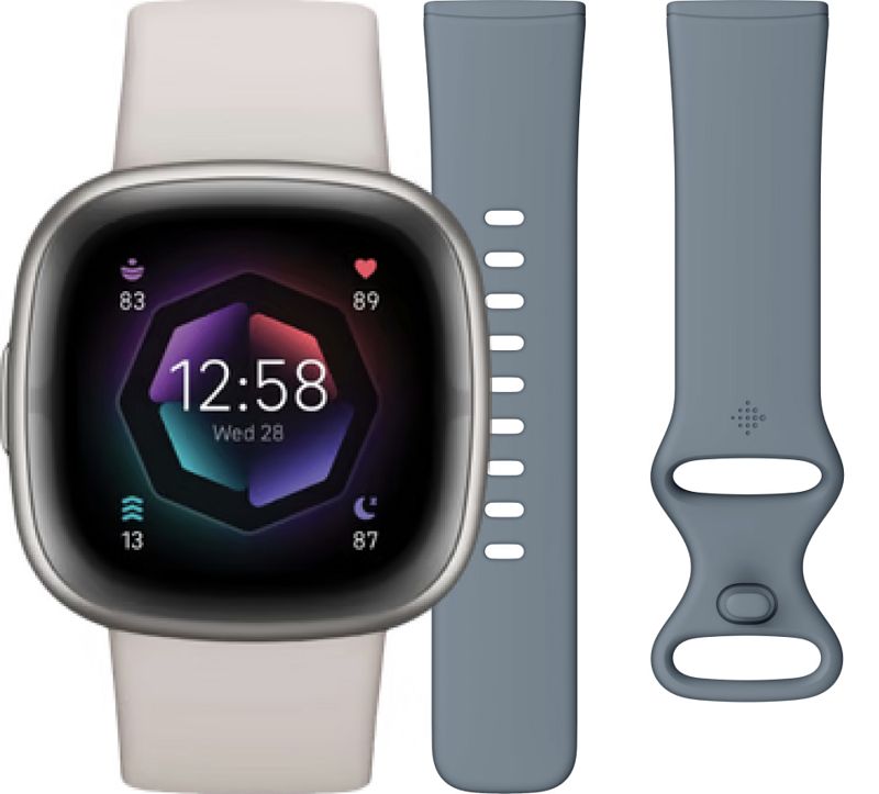 Foto van Fitbit sense 2 wit/zilver + siliconen bandje blauw l