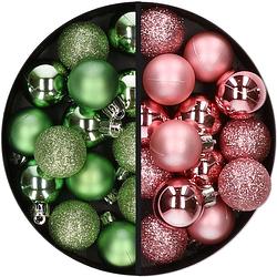 Foto van 28x stuks kleine kunststof kerstballen groen en roze 3 cm - kerstbal