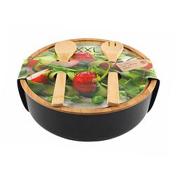 Foto van Secret de gourmet - saladeschaal/kom - met couvert - bamboe - zwart - d30 cm - saladeschalen