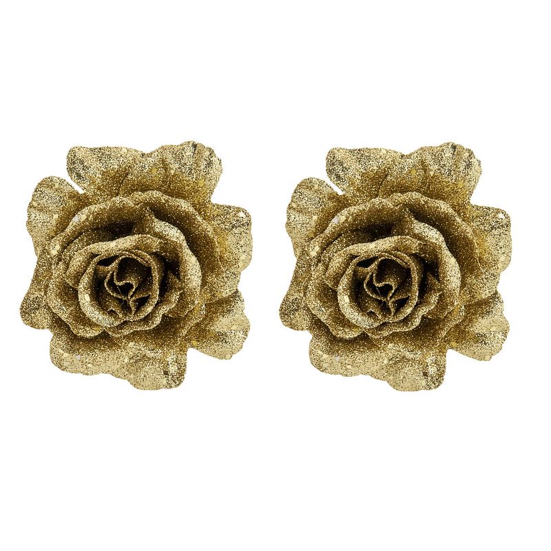 Foto van 2x stuks decoratie bloemen roos goud glitter op clip 10 cm - kersthangers