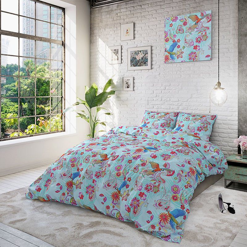 Foto van Dekbedovertrek kaisy dekbedovertrek - lits-jumeaux (240x220 cm) - blauw & roze katoen - dessin: bloemen - sleeptime elegance - dekbed-discounter.nl