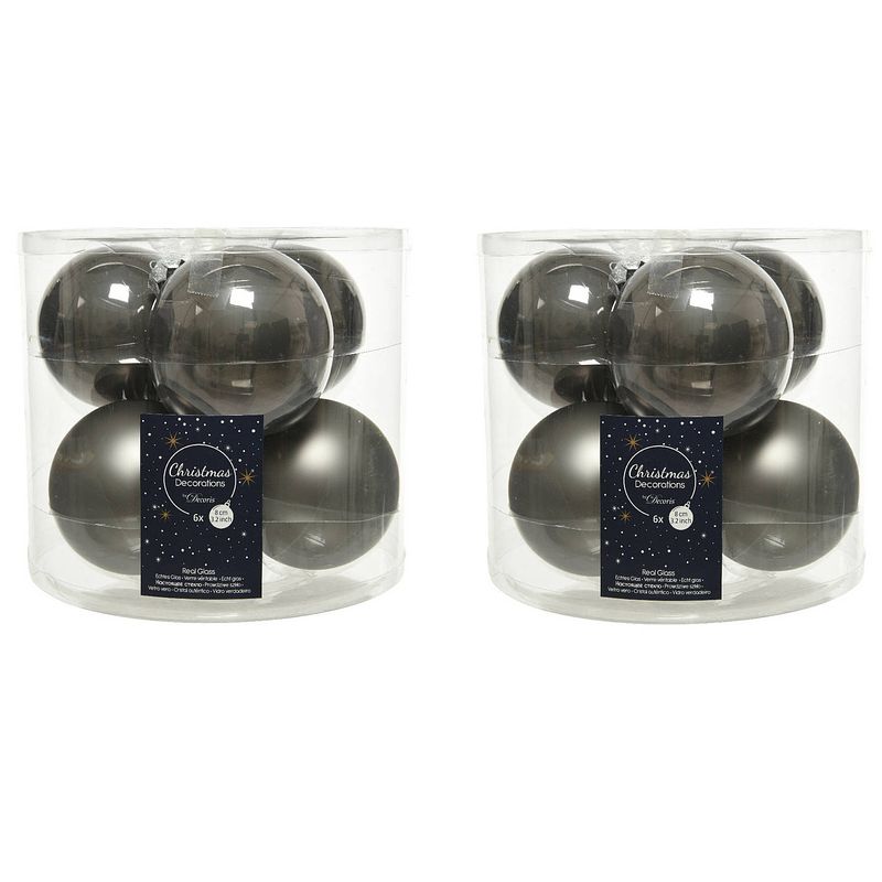 Foto van 12x stuks glazen kerstballen antraciet (warm grey) 8 cm mat/glans - kerstbal