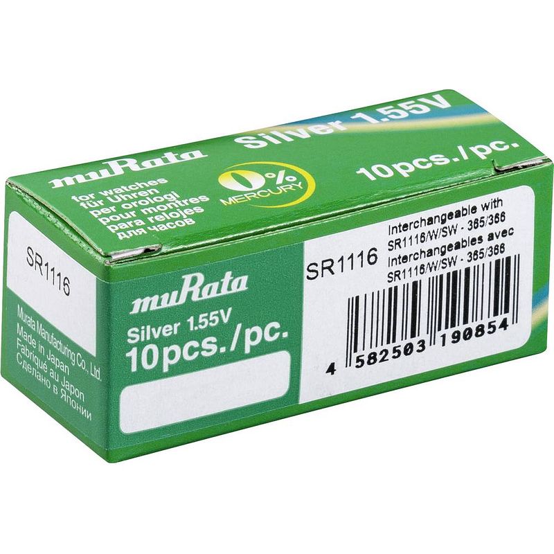 Foto van 366 knoopcel zilveroxide 1.55 v 30 mah murata sr1116-pbww 10 stuk(s)