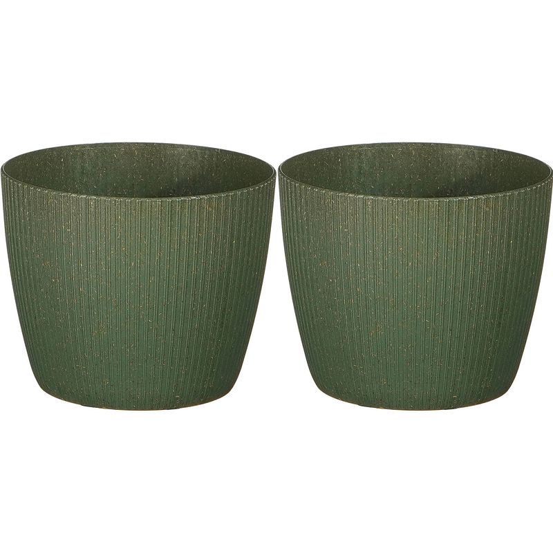 Foto van 2x stuks plantenpot/bloempot kunststof donkergroen ribbels patroon - d14/h14 cm - plantenpotten