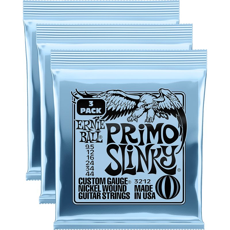 Foto van Ernie ball 3212 primo slinky nickel wound 9,5 - 44 snaren voor elektrische gitaar (3 sets)