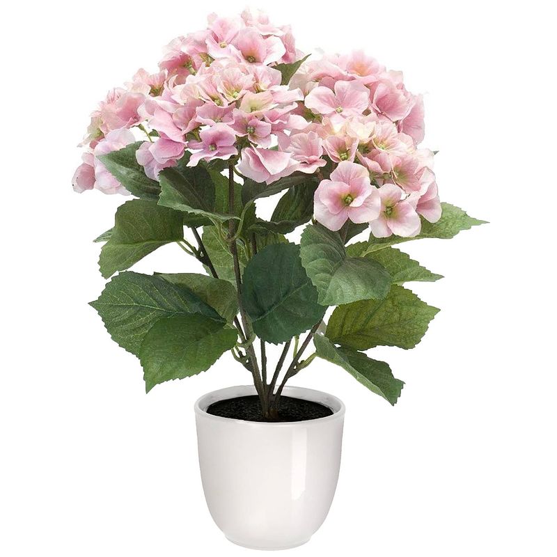 Foto van Hortensia kunstplant/kunstbloemen 40 cm - roze - in pot wit glans - kunstplanten