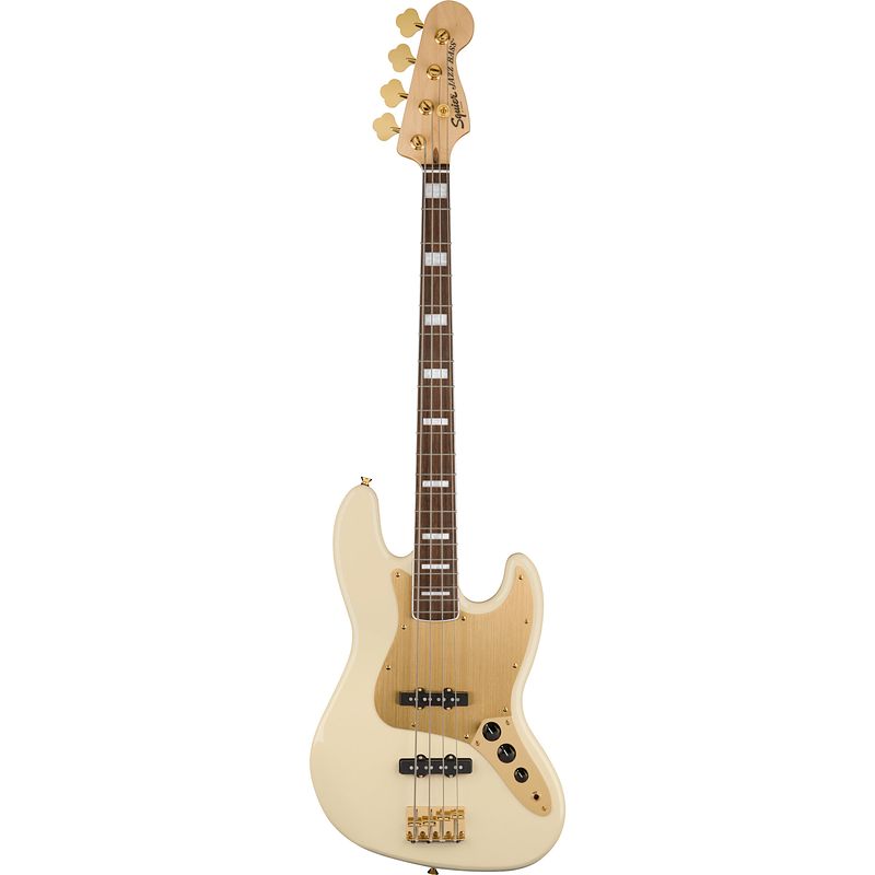 Foto van Squier 40th anniversary jazz bass gold edition il olympic white elektrische basgitaar