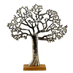 Foto van Decoratie levensboom - tree of life - aluminium/hout -  31 x 34 cm - zilver kleurig - beeldjes