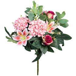 Foto van Louis maes kunstbloemen boeket roos/hortensia/lelie - roze/cerise - h39 cm - bloemstuk - bladgroen - kunstbloemen