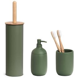 Foto van Badkamer accessoires set 3-delig - kunststeen - bamboe hout salie groen - badkameraccessoireset