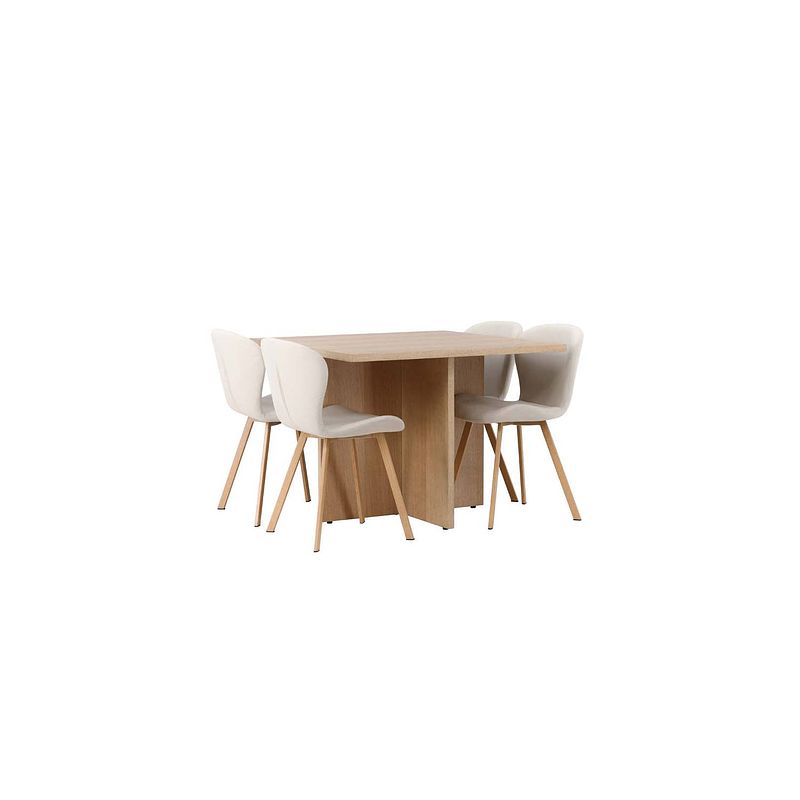 Foto van Leo eethoek tafel naturel en 4 lilja stoelen beige.