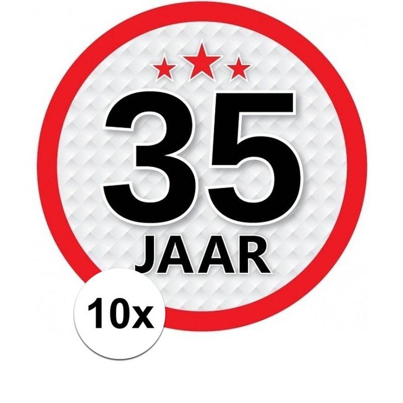 Foto van 10x 35 jaar leeftijd stickers rond 15 cm verjaardag versiering - feeststickers