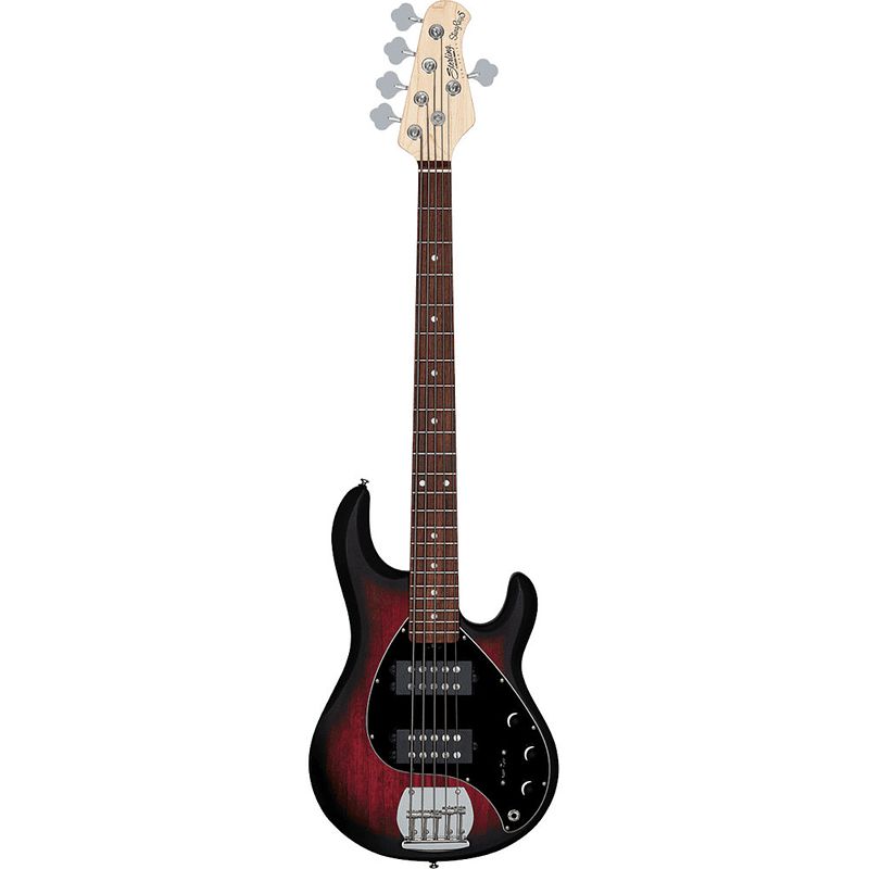 Foto van Sterling by music man stingray ray5 hh ruby red burst satin 5-snarige elektrische basgitaar