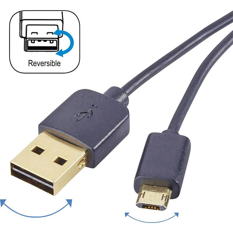 Foto van Renkforce usb-kabel usb 2.0 usb-a stekker, usb-micro-b stekker 1.00 m zwart stekker past op beide manieren, vergulde steekcontacten rf-4139064