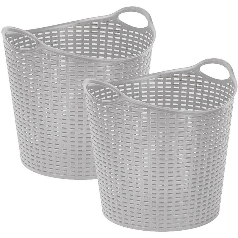 Foto van Plasticforte gevlochten wasmand/opbergmand - 2x - flexibel - zilver - 27 liter - rond - kunststof - wasmanden