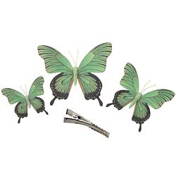Foto van 3x stuks kerst decoratie vlinders op clip - groen - 12/16/20 cm - feestdecoratievoorwerp